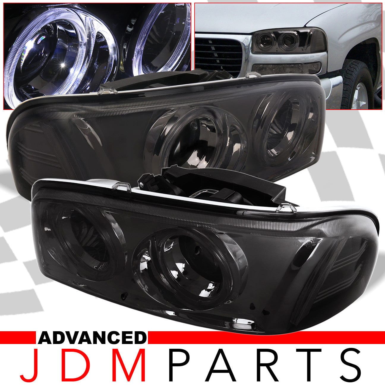 GMC Sierra 1500 1999-2007 / Sierra 1500HD 2001-2007 / Sierra 2500 1999-2004 / Sierra 2500HD 2001-2007 / Sierra 3500 2001-2007 / Yukon 1999-2006 / Yukon XL 1500 2500 2000-2006 Halo Projector Headlights Chrome Housing Smoke Len Clear Reflector - Parts Agent