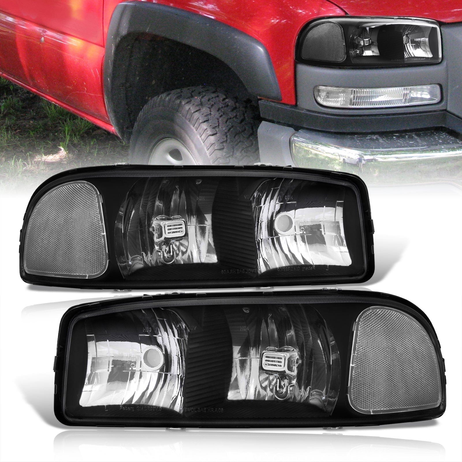 GMC Sierra 1500 1999-2007 / Sierra 2500 1999-2004 / Sierra 1500HD 2500HD 3500 2001-2007 / Yukon 1999-2006 / Yukon XL 1500 2500 2000-2006 Factory Style Headlights Black Housing Clear Len Clear Reflector - Parts Agent