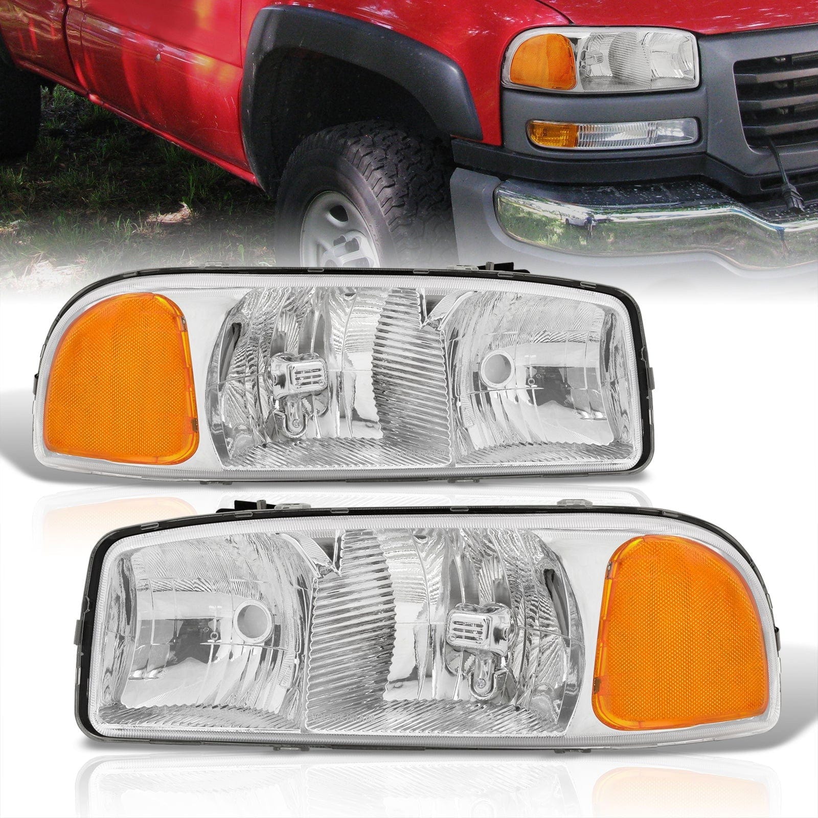 GMC Sierra 1500 1999-2007 / Sierra 2500 1999-2004 / Sierra 1500HD 2500HD 3500 2001-2007 / Yukon 1999-2006 / Yukon XL 1500 2500 2000-2006 Factory Style Headlights Chrome Housing Clear Len Amber Reflector - Parts Agent