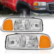 GMC Sierra 1500 1999-2007 / Sierra 2500 1999-2004 / Sierra 1500HD 2500HD 3500 2001-2007 / Yukon 1999-2006 / Yukon XL 1500 2500 2000-2006 Factory Style Headlights Chrome Housing Clear Len Amber Reflector - Parts Agent