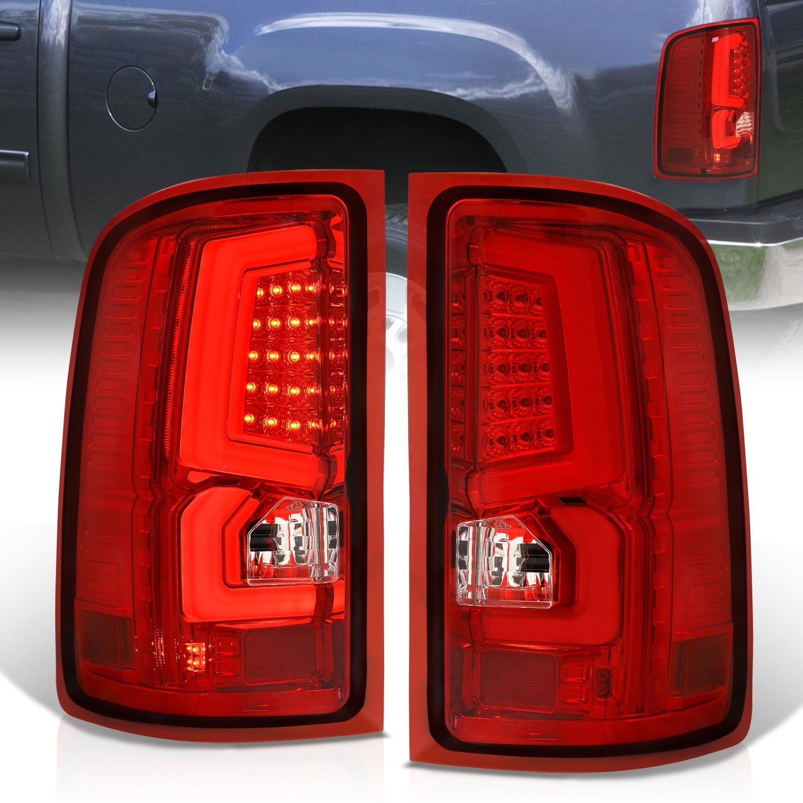 GMC Sierra 1500 2007-2013 / 2500HD 3500HD 2007-2014 LED Bar Tail Lights Chrome Housing Red Len White Tube (Excluding OEM LED & Dually Models) - Parts Agent