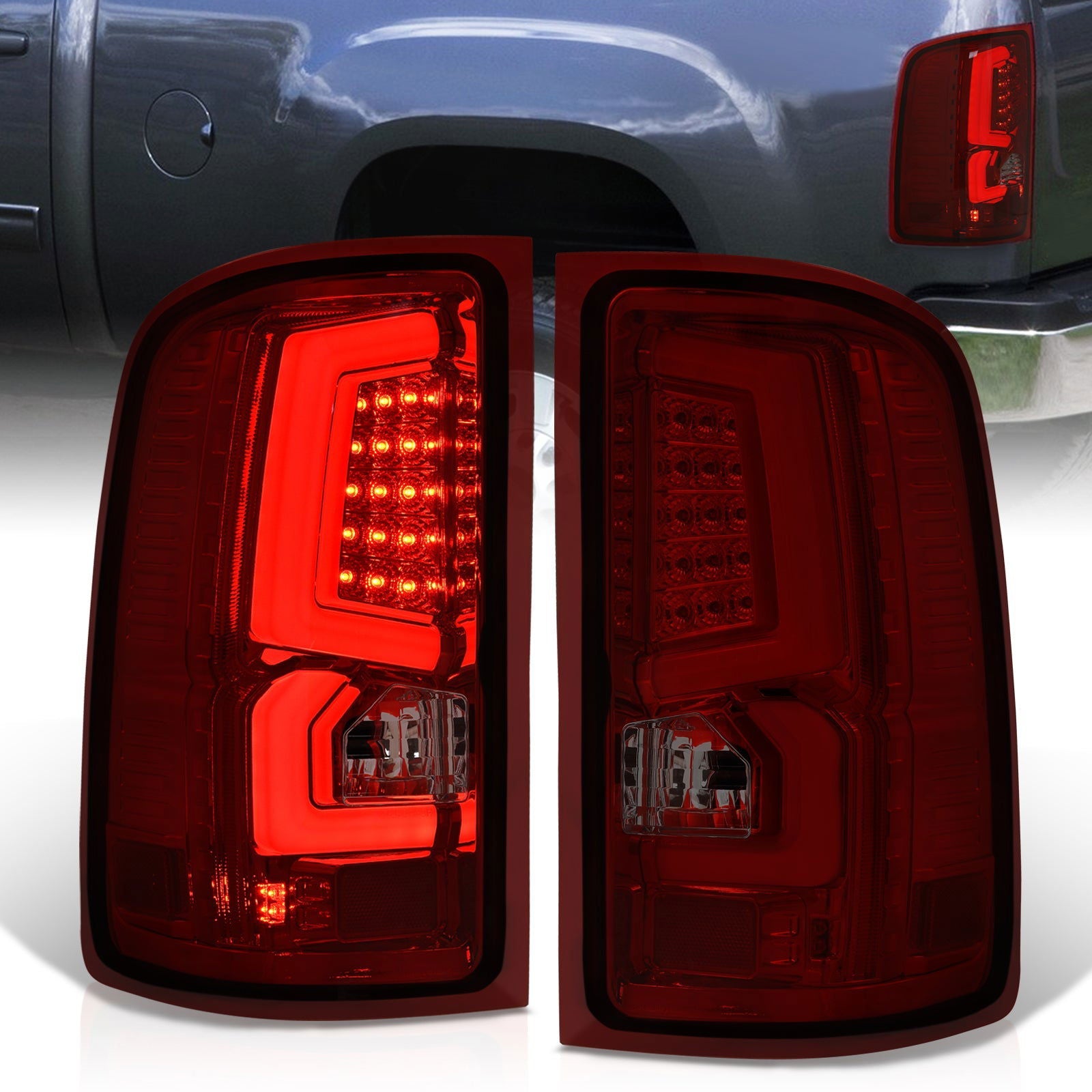 GMC Sierra 1500 2007-2013 / 2500HD 3500HD 2007-2014 LED Bar Tail Lights Chrome Housing Red Smoke Len White Tube (Excluding OEM LED & Dually Models) - Parts Agent