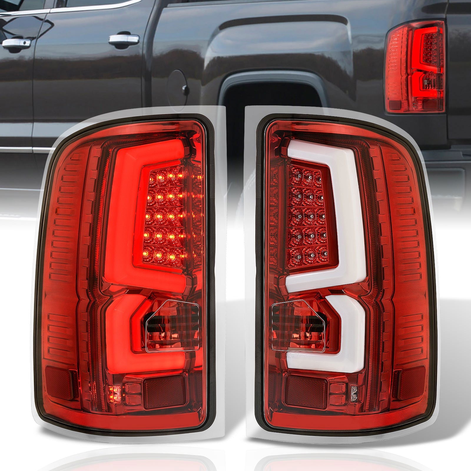GMC Sierra 1500 2007-2013 / 2500HD 3500HD 2007-2014 LED Bar Tail Lights Red Housing Clear Len White Tube (Excluding OEM LED & Dually Models) - Parts Agent