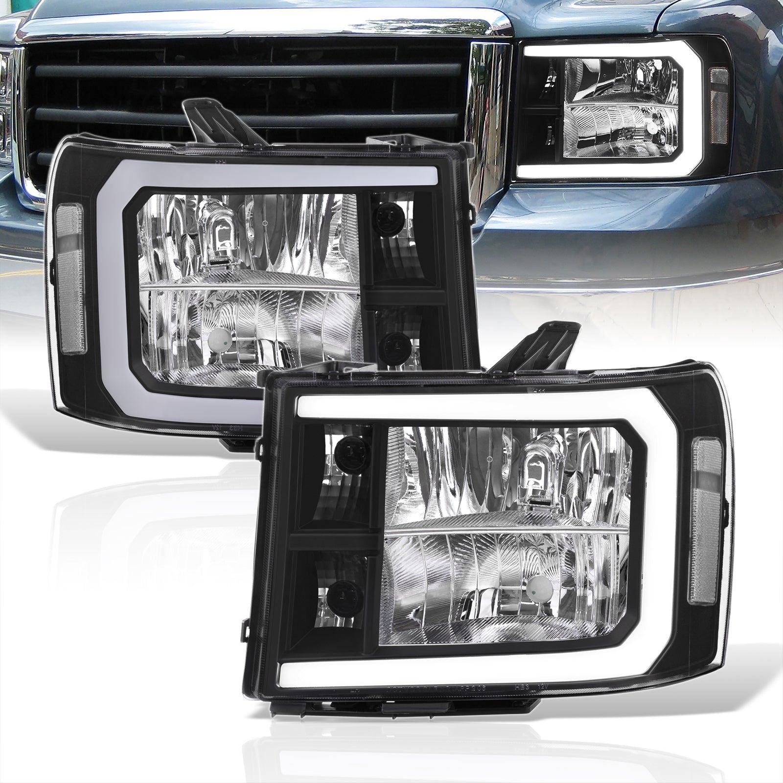 GMC Sierra 1500 2007-2013 / 2500HD 3500HD 2007-2014 LED DRL Bar Factory Style Headlights Black Housing Clear Len Clear Reflector - Parts Agent