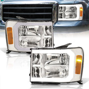 GMC Sierra 1500 2007-2013 / 2500HD 3500HD 2007-2014 LED DRL Bar Factory Style Headlights Chrome Housing Clear Len Amber Reflector - Parts Agent