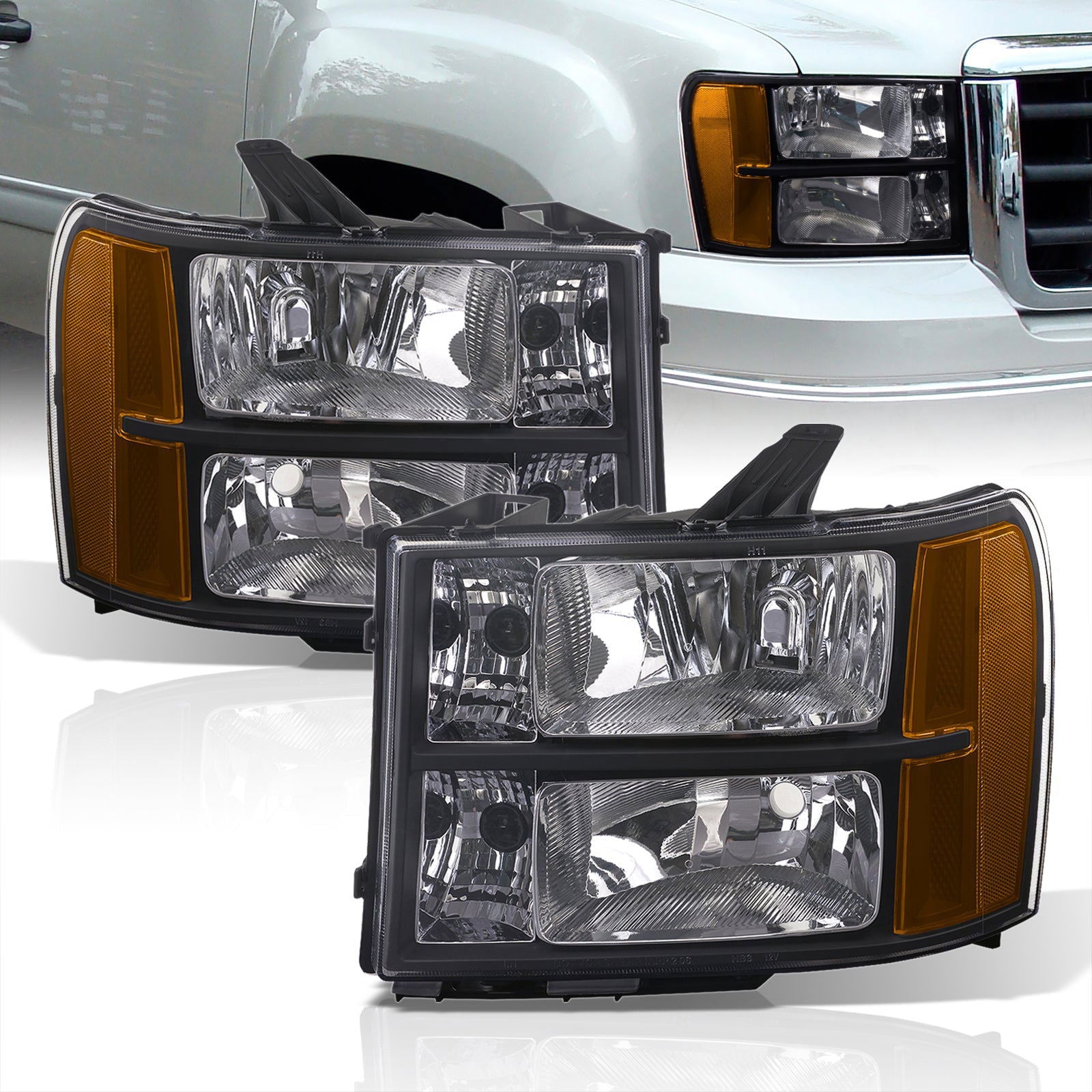 GMC Sierra 1500 2007-2013 / Sierra 2500HD 3500HD 2007-2014 Factory Style Headlights Black Housing Clear Len Amber Reflector - Parts Agent