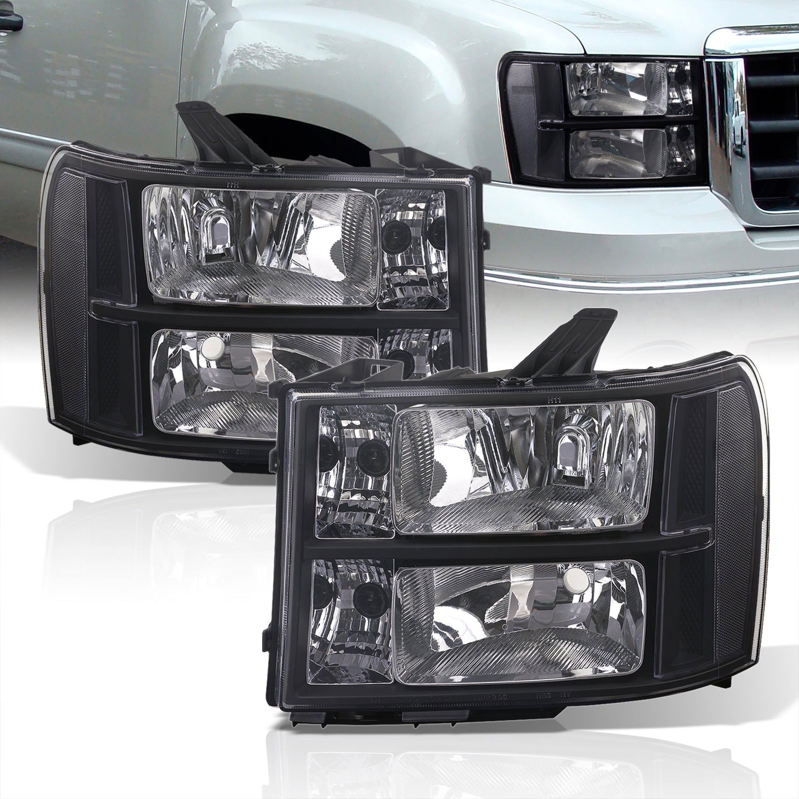GMC Sierra 1500 2007-2013 / Sierra 2500HD 3500HD 2007-2014 Factory Style Headlights Black Housing Clear Len Clear Reflector - Parts Agent