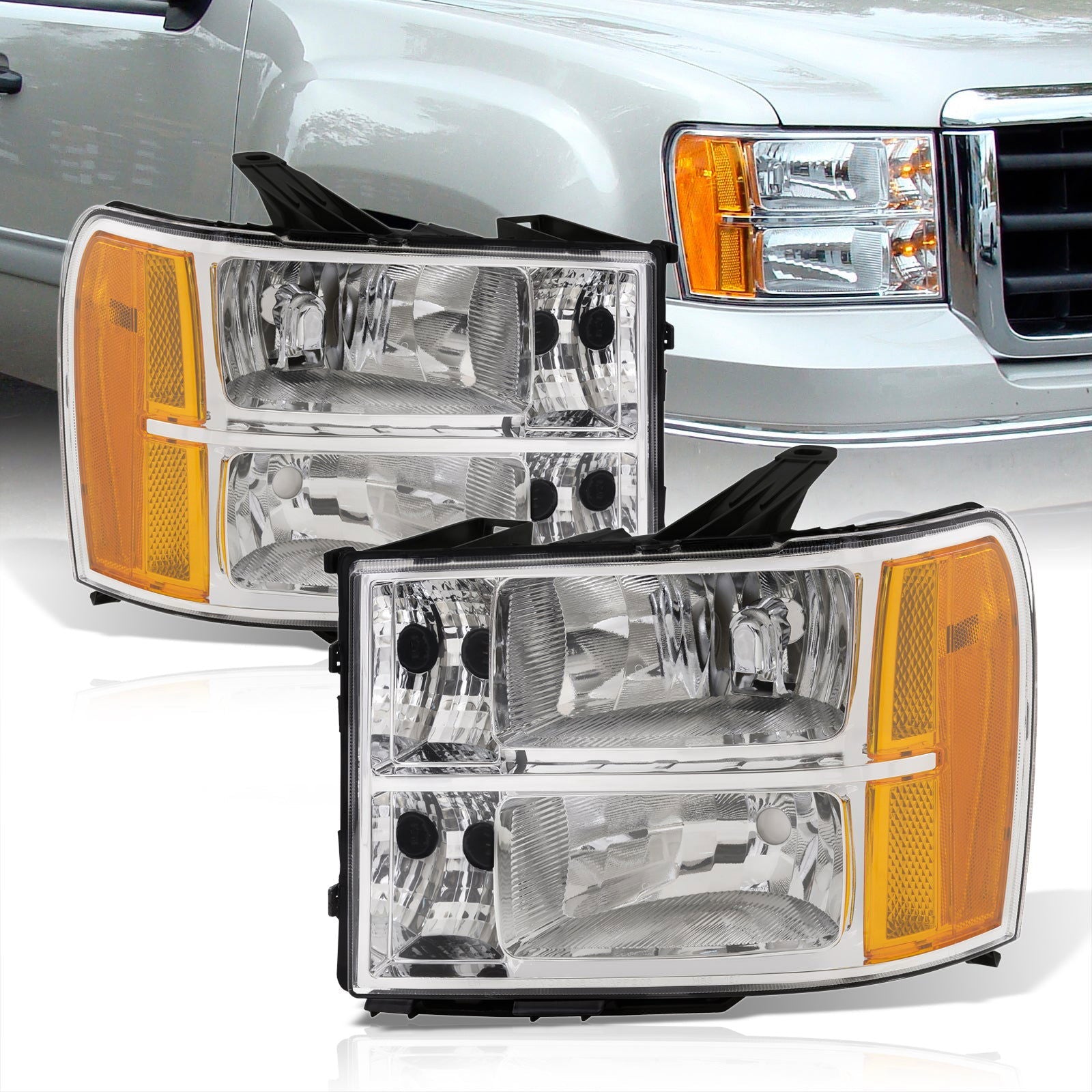 GMC Sierra 1500 2007-2013 / Sierra 2500HD 3500HD 2007-2014 Factory Style Headlights Chrome Housing Clear Len Amber Reflector - Parts Agent