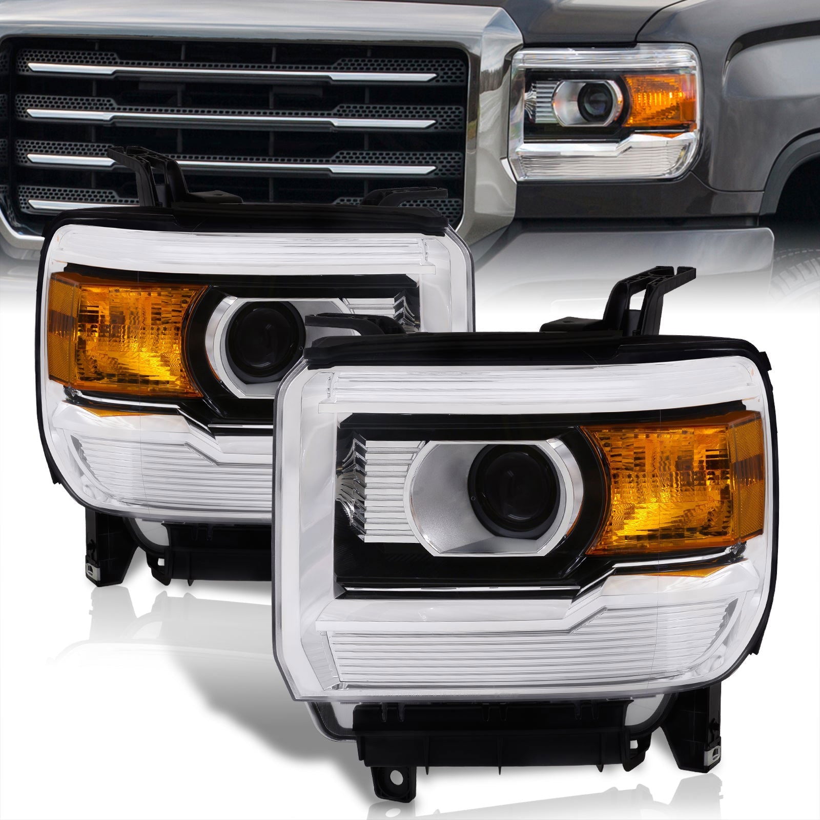 GMC Sierra 1500 2014-2018 / Sierra 2500HD 3500HD 2015-2019 Factory Style Projector Headlights Black Housing Clear Len Amber Reflector (Halogen Models Only) - Parts Agent