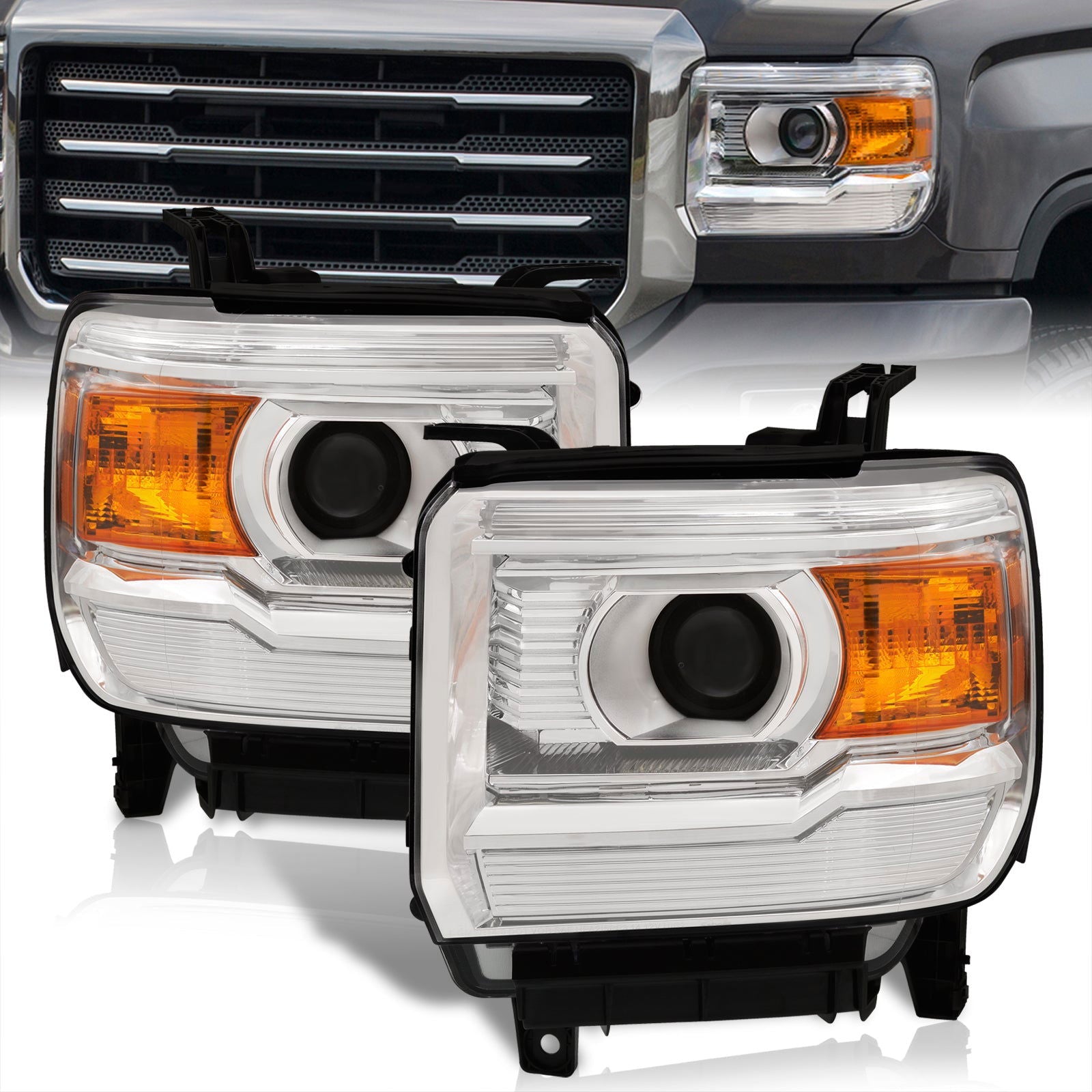 GMC Sierra 1500 2014-2018 / Sierra 2500HD 3500HD 2015-2019 Factory Style Projector Headlights Chrome Housing Clear Len Amber Reflector (Halogen Models Only) - Parts Agent