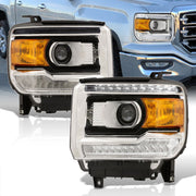 GMC Sierra 1500 2014-2018 / Sierra 2500HD 3500HD 2015-2019 LED DRL Bar Factory Style Projector Headlights Black Housing Clear Len Amber Reflector (Halogen Models Only) - Parts Agent