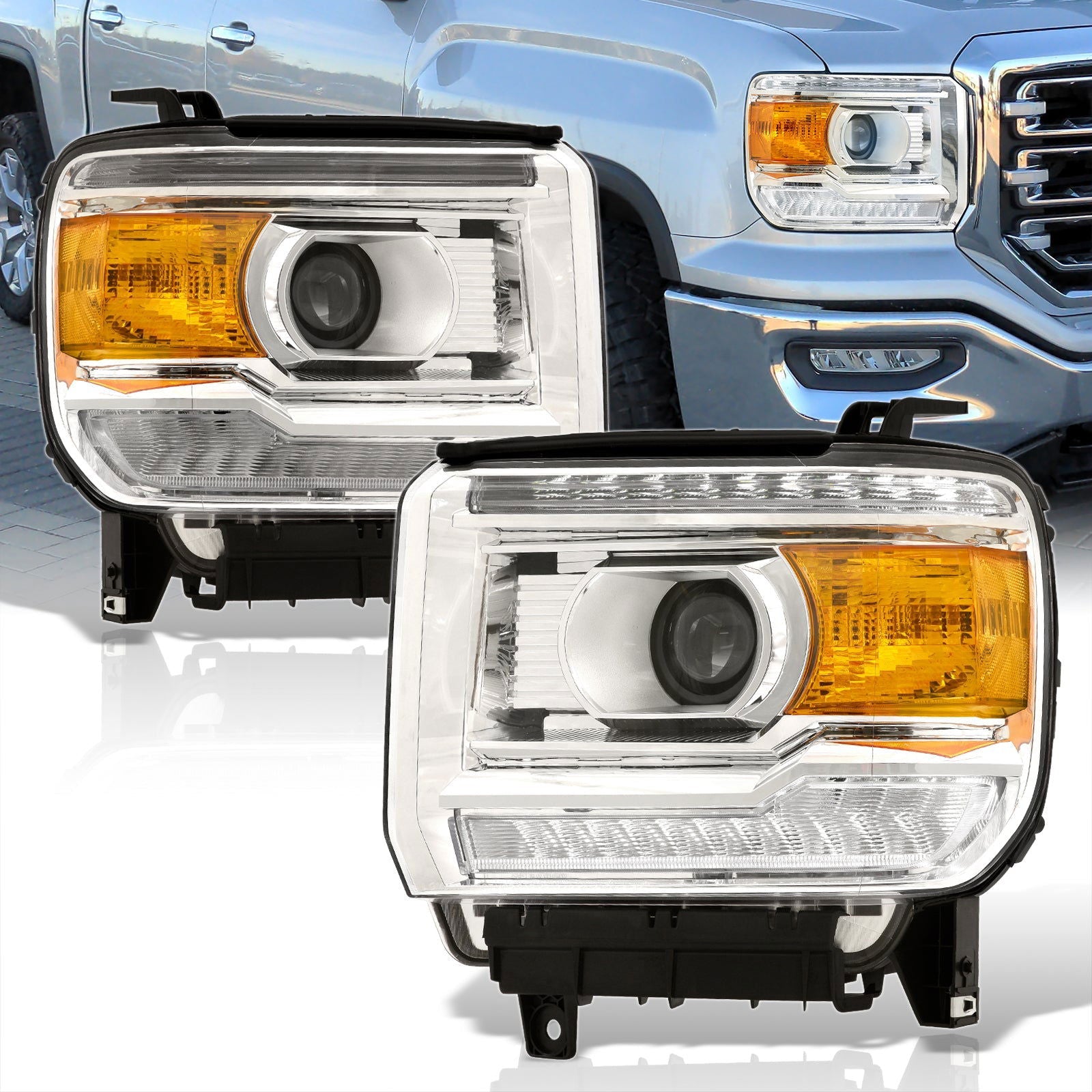 GMC Sierra 1500 2014-2018 / Sierra 2500HD 3500HD 2015-2019 LED DRL Bar Factory Style Projector Headlights Chrome Housing Clear Len Amber Reflector (Halogen Models Only) - Parts Agent