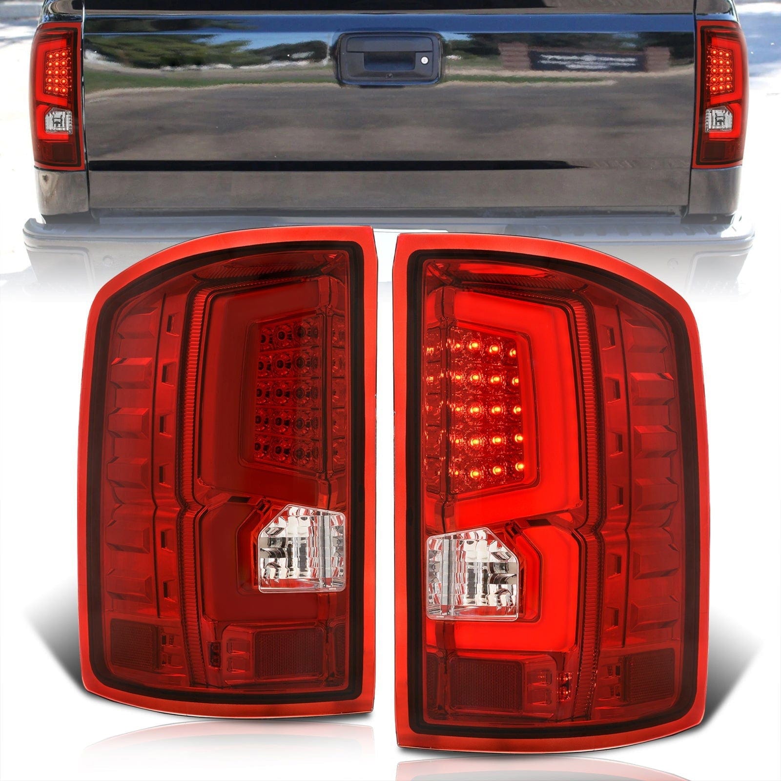 GMC Sierra 1500 2500HD 3500HD 2014-2018 LED Bar Tail Lights Chrome Housing Red Len White Tube (Excluding OEM LED & Dually Models) - Parts Agent