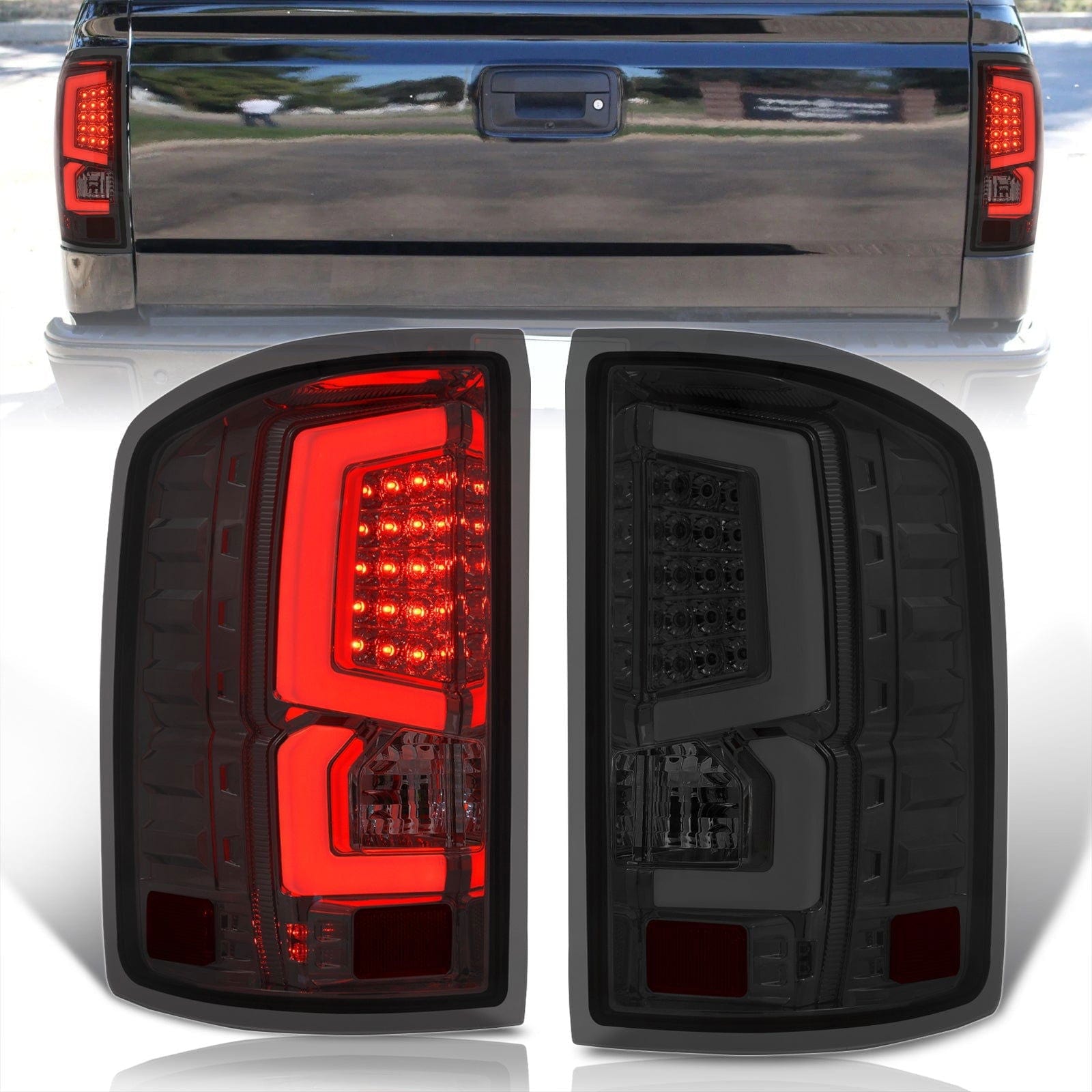 GMC Sierra 1500 2500HD 3500HD 2014-2018 LED Bar Tail Lights Chrome Housing Smoke Len White Tube (Excluding OEM LED & Dually Models) - Parts Agent