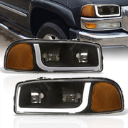 GMC Sierra 1500 2500 1999-2007 / Sierra 1500HD 2500HD 3500 2001-2007 / Yukon 1999-2006 / Yukon XL 1500 2500 2000-2006 LED DRL Bar Factory Style Headlights Black Housing Clear Len Amber Reflector - Parts Agent