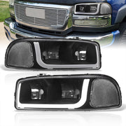 GMC Sierra 1500 2500 1999-2007 / Sierra 1500HD 2500HD 3500 2001-2007 / Yukon 1999-2006 / Yukon XL 1500 2500 2000-2006 LED DRL Bar Factory Style Headlights Black Housing Clear Len Clear Reflector - Parts Agent