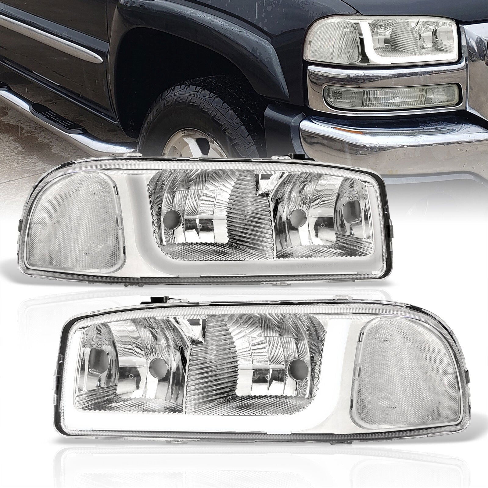 GMC Sierra 1500 2500 1999-2007 / Sierra 1500HD 2500HD 3500 2001-2007 / Yukon 1999-2006 / Yukon XL 1500 2500 2000-2006 LED DRL Bar Factory Style Headlights Chrome Housing Clear Len Clear Reflector - Parts Agent