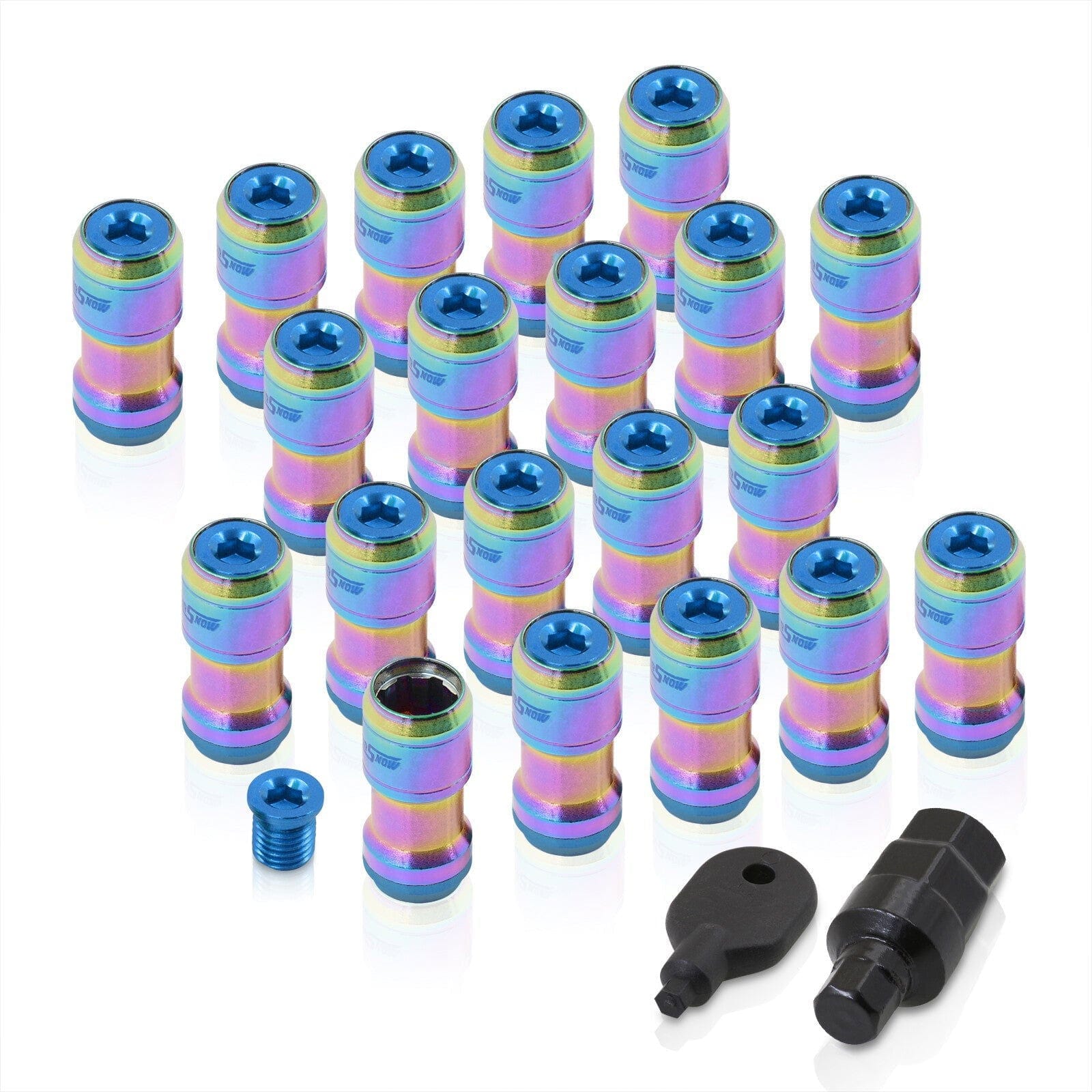 God Snow Lug Nuts M12 x1.25mm Thread pitch Neo Chrome Body Blue Trim (20 Piece +1 Key) - Parts Agent