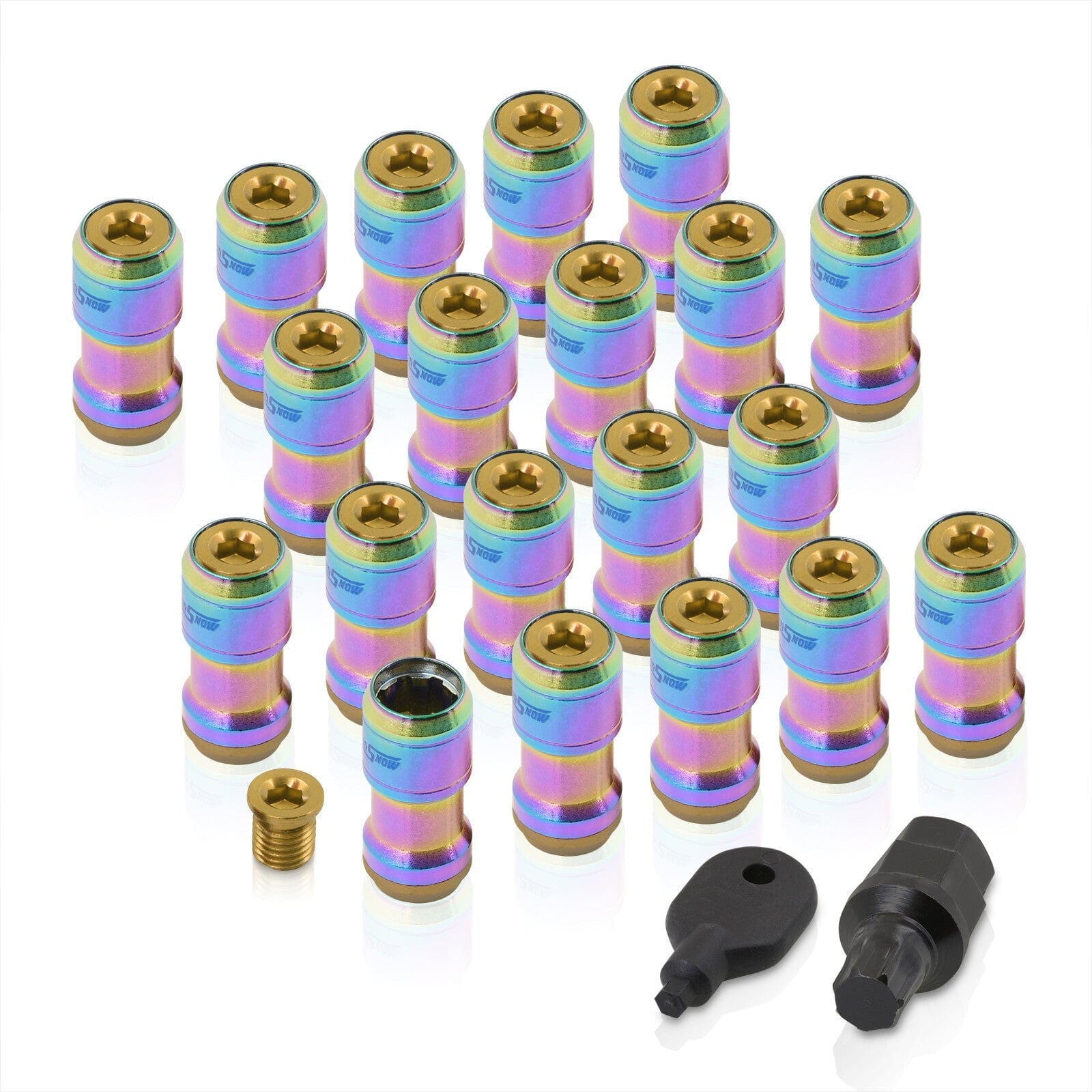 God Snow Lug Nuts M12 x1.25mm Thread pitch Neo Chrome Body Gold Trim (20 Piece +1 Key) - Parts Agent