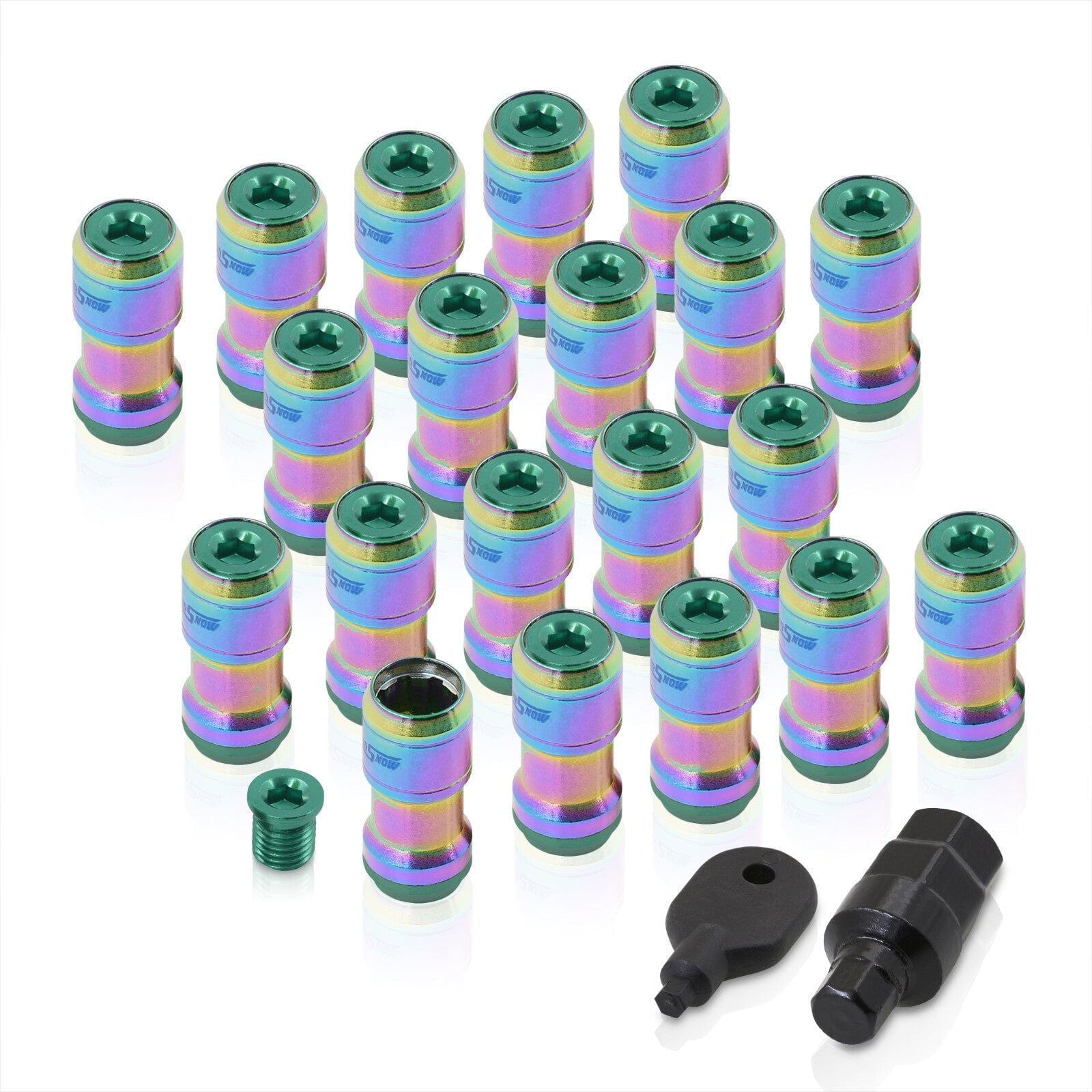 God Snow Lug Nuts M12 x1.25mm Thread pitch Neo Chrome Body Green Trim (20 Piece +1 Key) - Parts Agent