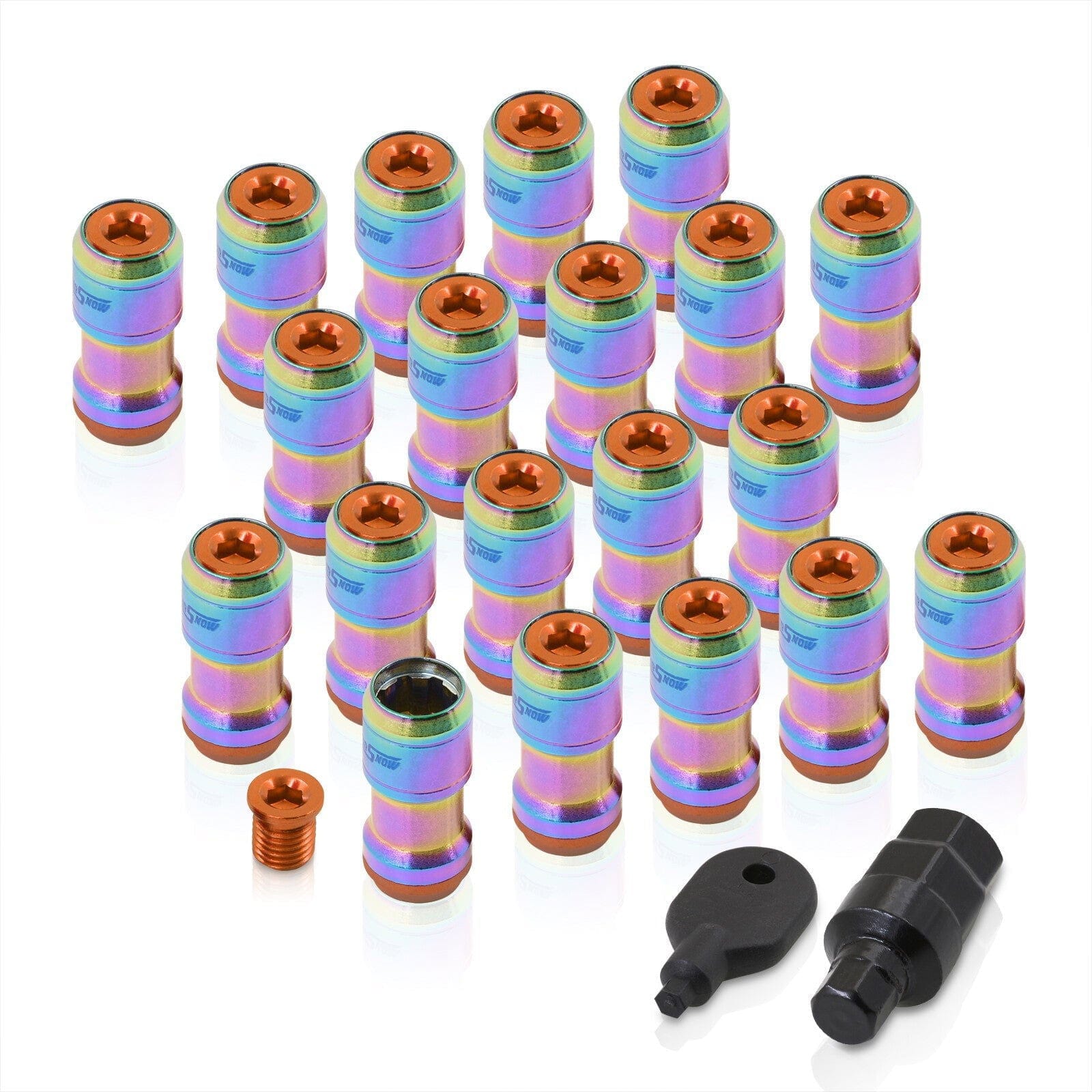God Snow Lug Nuts M12 x1.25mm Thread pitch Neo Chrome Body Orange Trim (20 Piece +1 Key) - Parts Agent