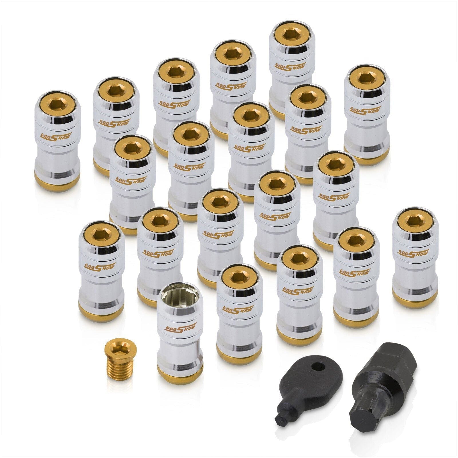 God Snow Lug Nuts M12 x1.5mm Thread pitch Chrome Body Gold Trim (20 Piece +1 Key) - Parts Agent