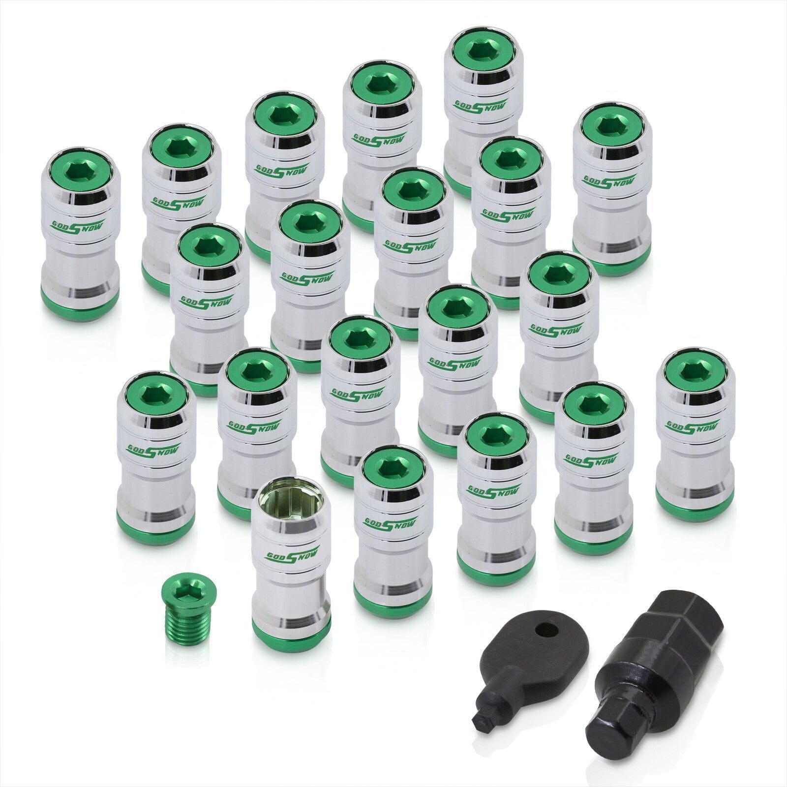 God Snow Lug Nuts M12 x1.5mm Thread pitch Chrome Body Green Trim (20 Piece +1 Key) - Parts Agent