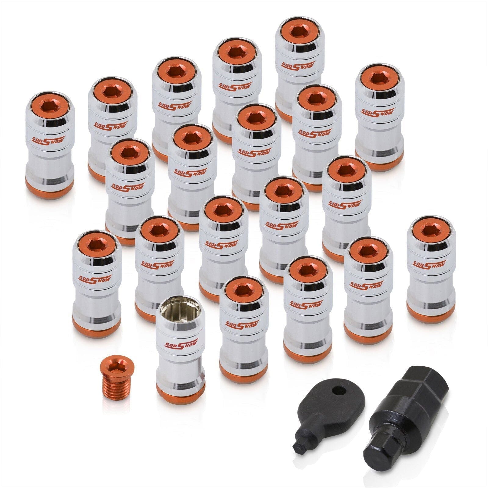 God Snow Lug Nuts M12 x1.5mm Thread pitch Chrome Body Orange Trim (20 Piece +1 Key) - Parts Agent