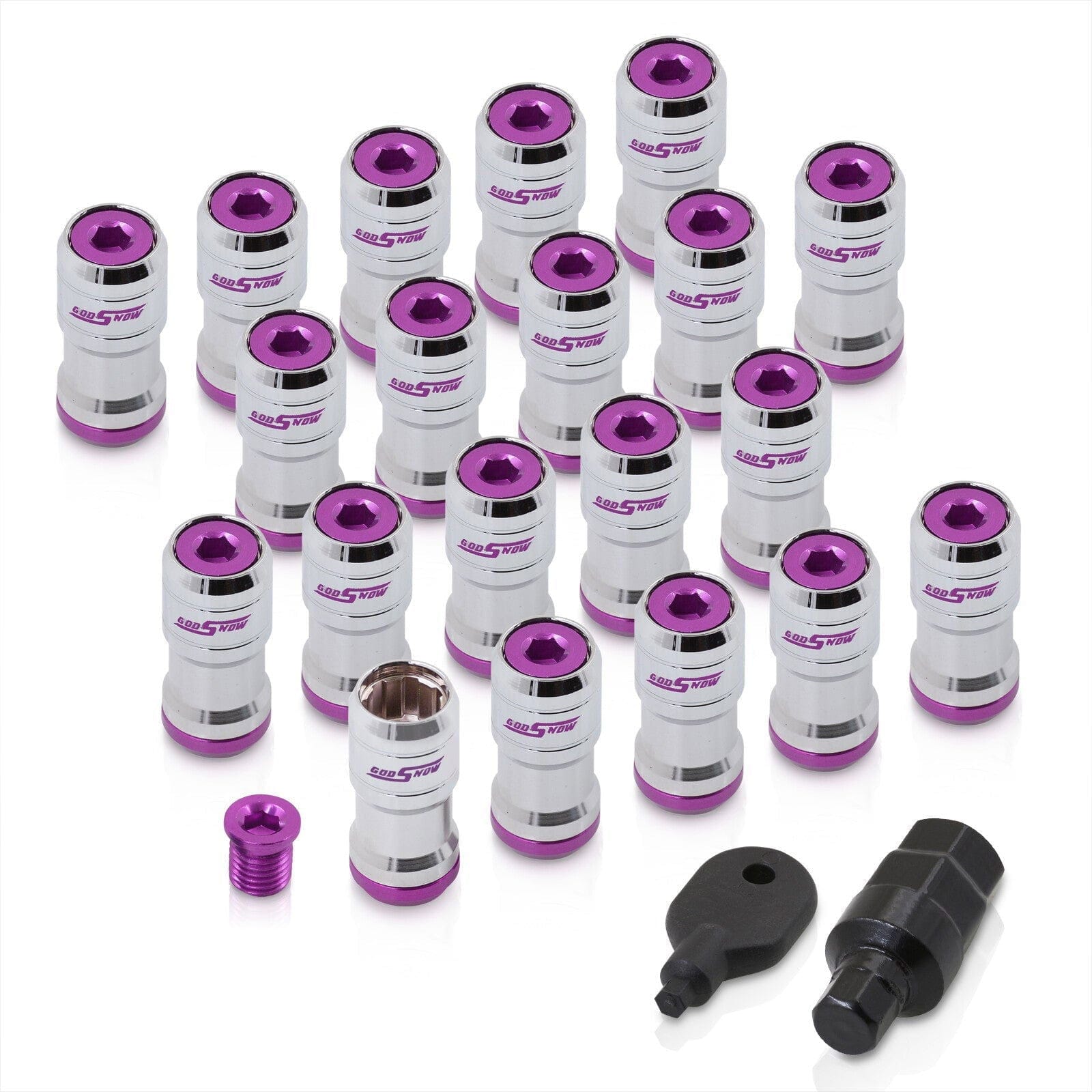 God Snow Lug Nuts M12 x1.5mm Thread pitch Chrome Body Purple Trim (20 Piece +1 Key) - Parts Agent