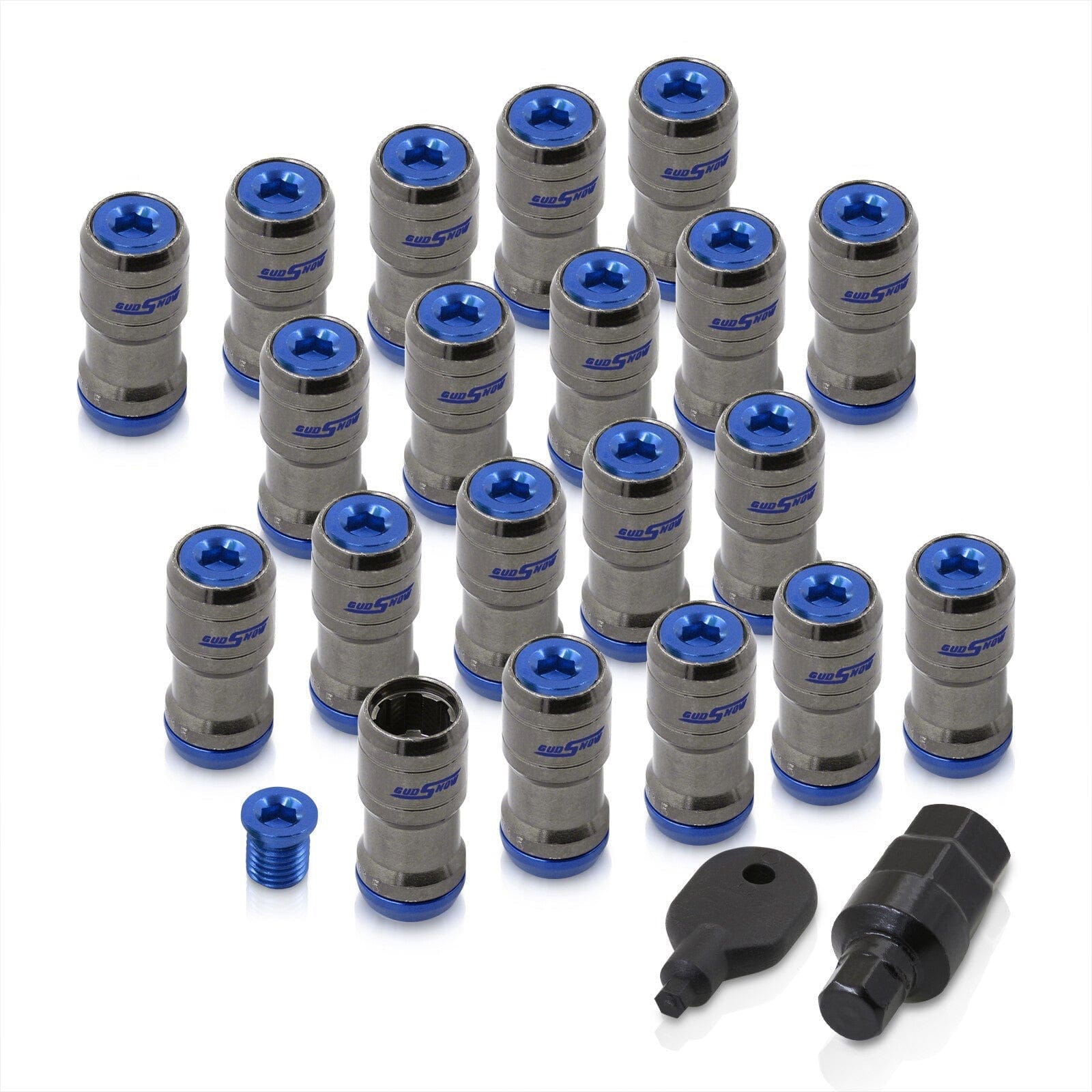 God Snow Lug Nuts M12 x1.5mm Thread pitch Gunmetal Body Blue Trim (20 Piece +1 Key) - Parts Agent
