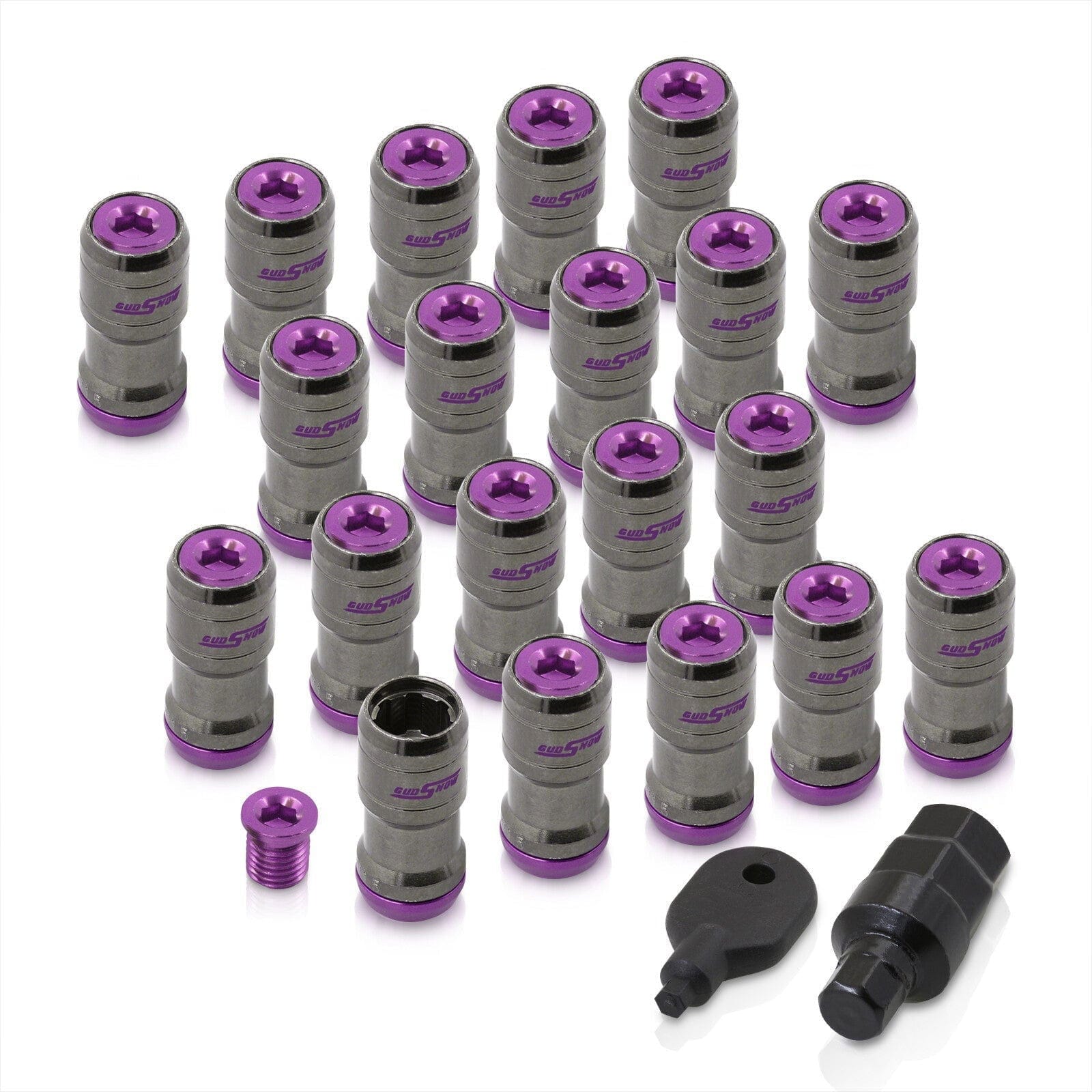 God Snow Lug Nuts M12 x1.5mm Thread pitch Gunmetal Body Purple Trim (20 Piece +1 Key) - Parts Agent