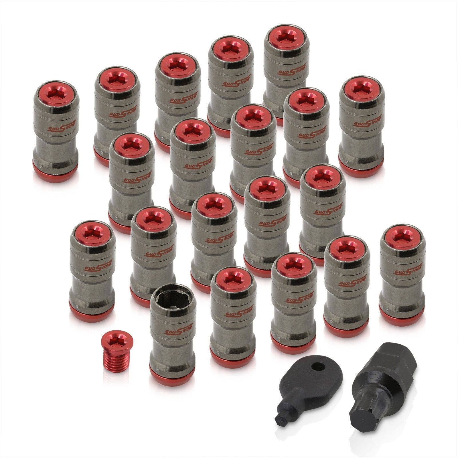 God Snow Lug Nuts M12 x1.5mm Thread pitch Gunmetal Body Red Trim (20 Piece +1 Key) - Parts Agent