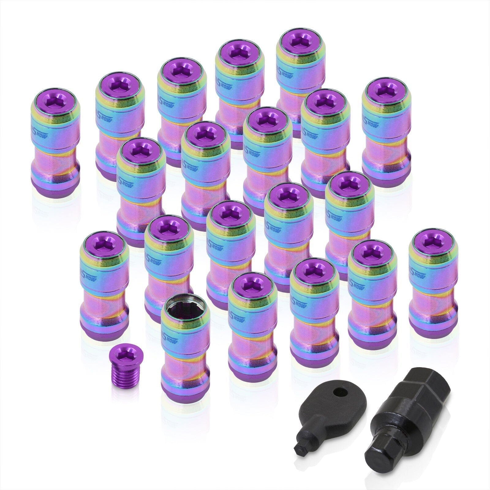 God Snow Lug Nuts M12 x1.5mm Thread pitch Neo Chrome Body Purple Trim (20 Piece +1 Key) - Parts Agent