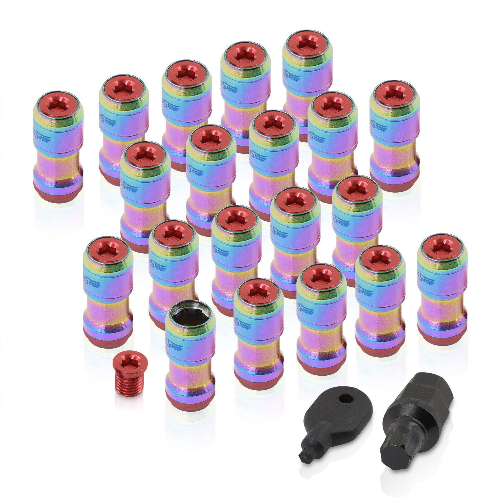 God Snow Lug Nuts M12 x1.5mm Thread pitch Neo Chrome Body Red Trim (20 Piece +1 Key) - Parts Agent