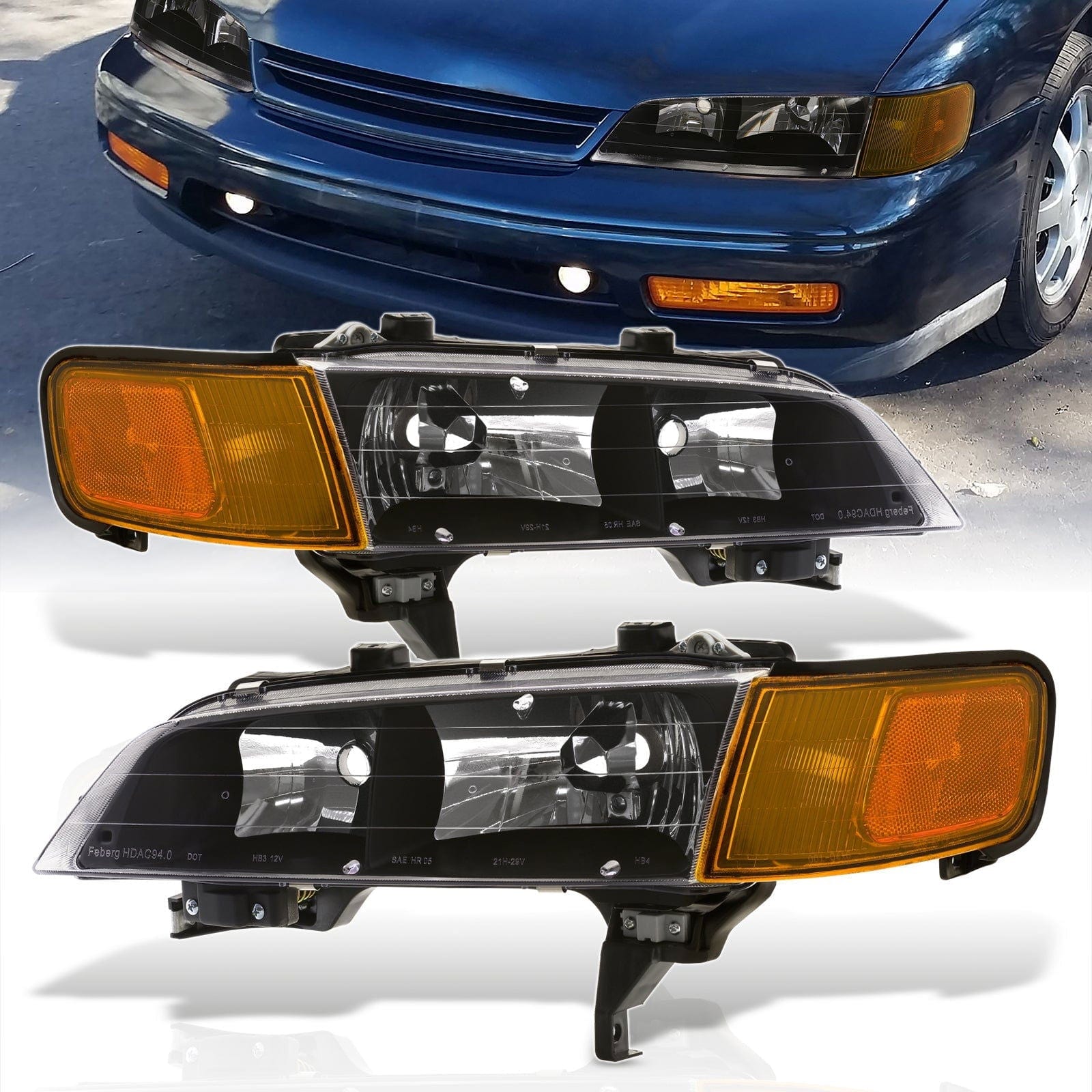 Honda Accord 1994-1997 Factory Style Headlights + Corners Black Housing Clear Len Amber Reflector (Full Amber Corners) - Parts Agent