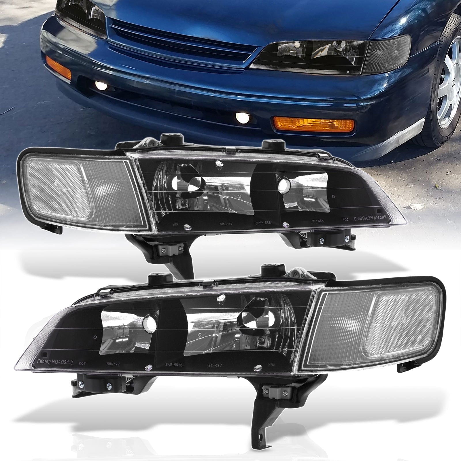Honda Accord 1994-1997 Factory Style Headlights + Corners Black Housing Clear Len Clear Reflector - Parts Agent