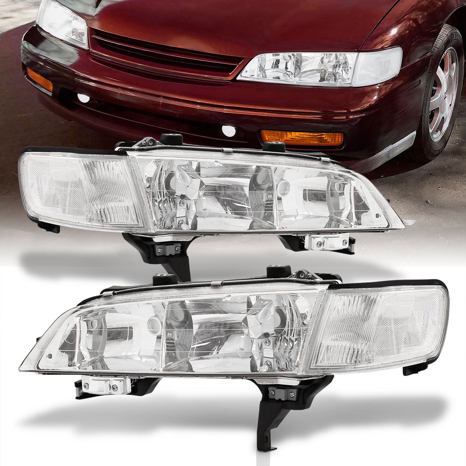 Honda Accord 1994-1997 Factory Style Headlights + Corners Chrome Housing Clear Len Clear Reflector - Parts Agent