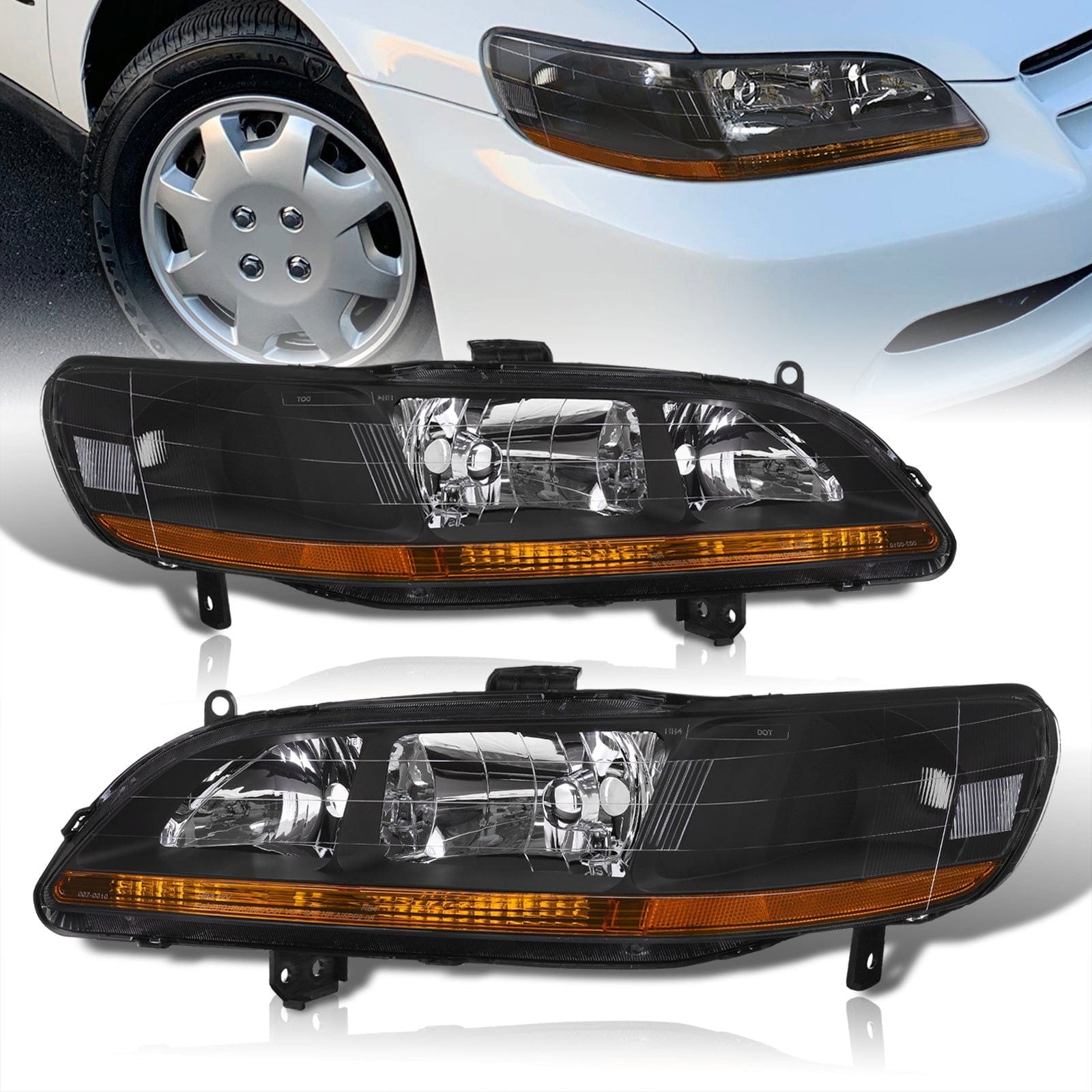 Honda Accord 1998-2002 Factory Style Headlights Black Housing Clear Len Amber Reflector - Parts Agent