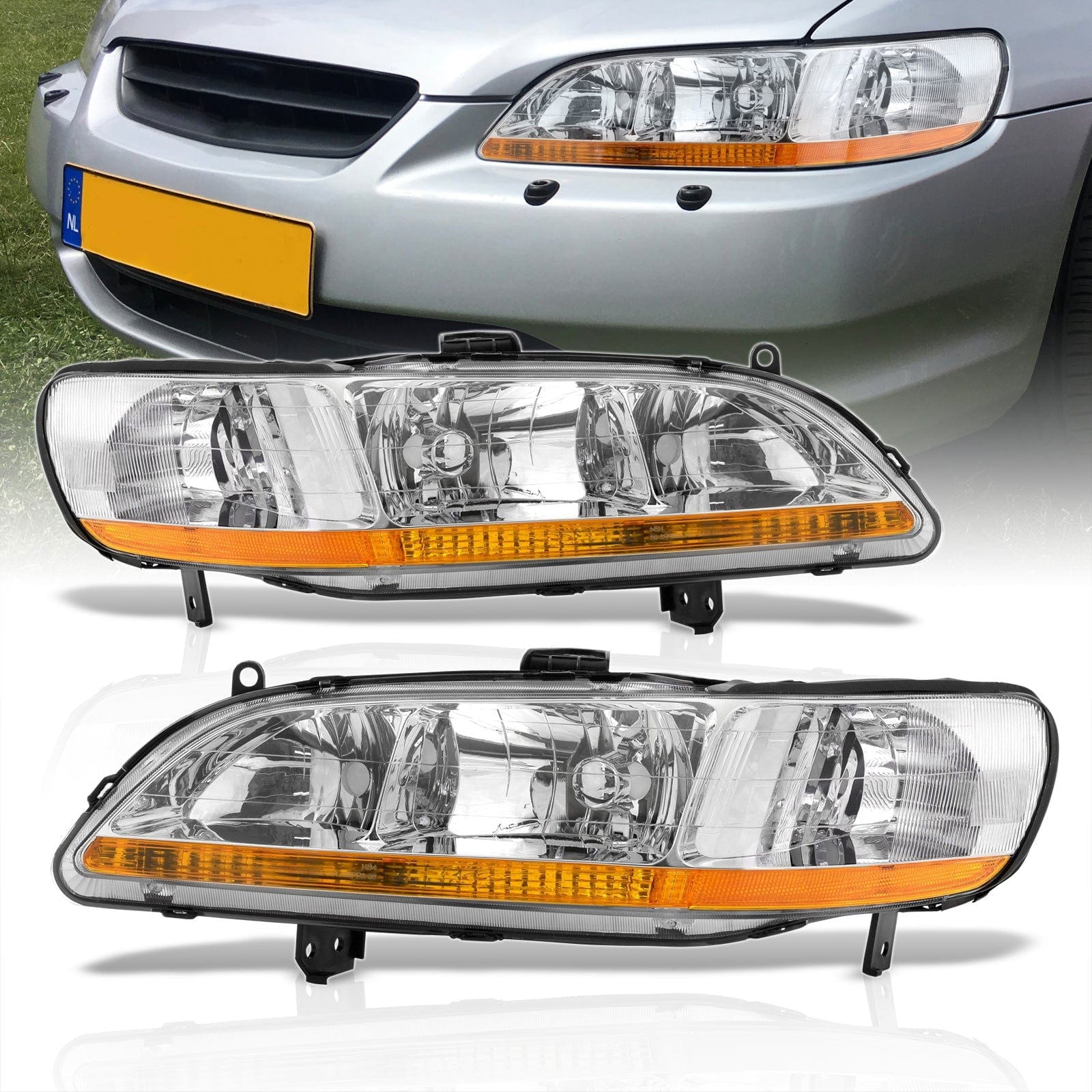 Honda Accord 1998-2002 Factory Style Headlights Chrome Housing Clear Len Amber Reflector - Parts Agent