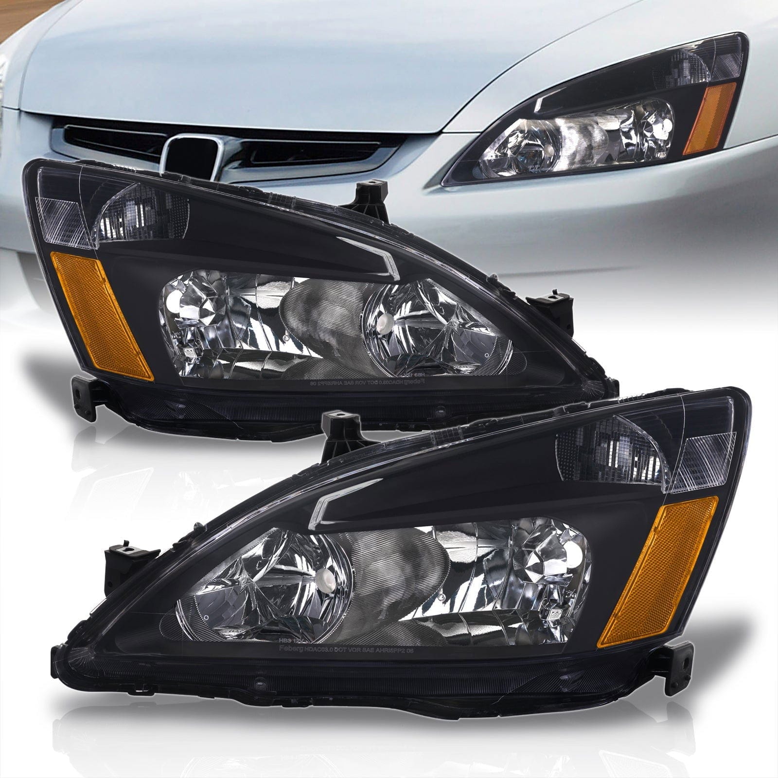 Honda Accord 2003-2007 Factory Style Headlights Black Housing Clear Len Amber Reflector - Parts Agent