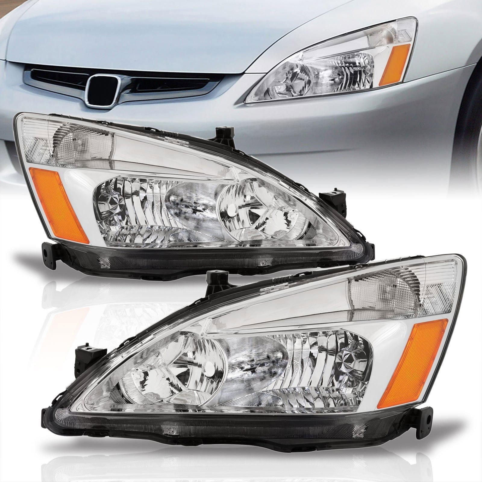 Honda Accord 2003-2007 Factory Style Headlights Chrome Housing Clear Len Amber Reflector - Parts Agent