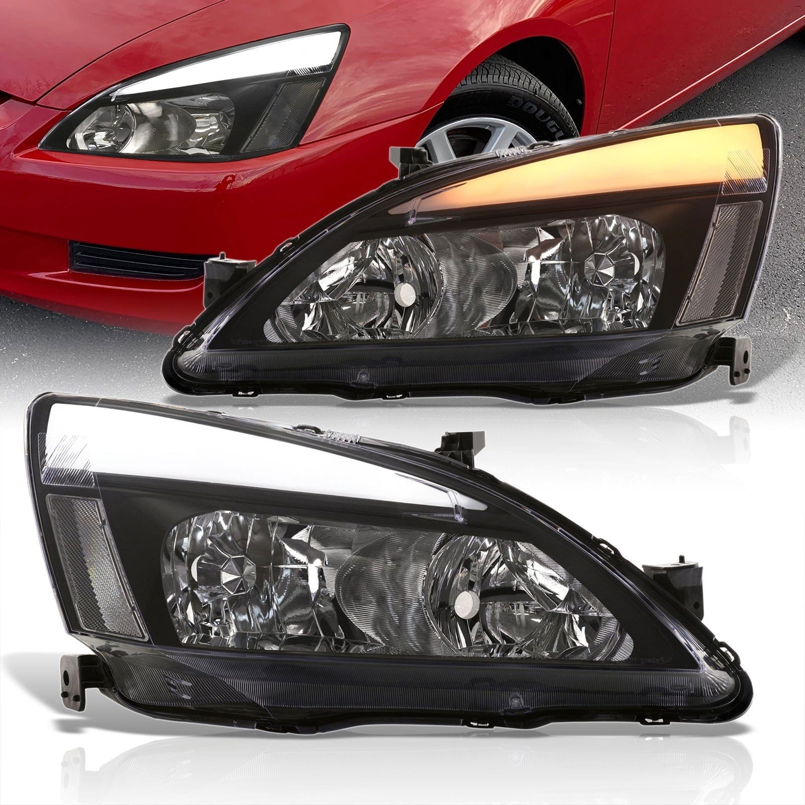 Honda Accord 2003-2007 LED DRL Bar Factory Style Headlights Black Housing Clear Len Clear Reflector - Parts Agent