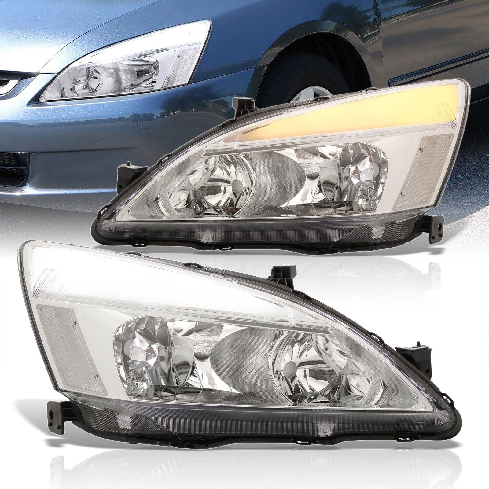 Honda Accord 2003-2007 LED DRL Bar Factory Style Headlights Chrome Housing Clear Len Clear Reflector - Parts Agent