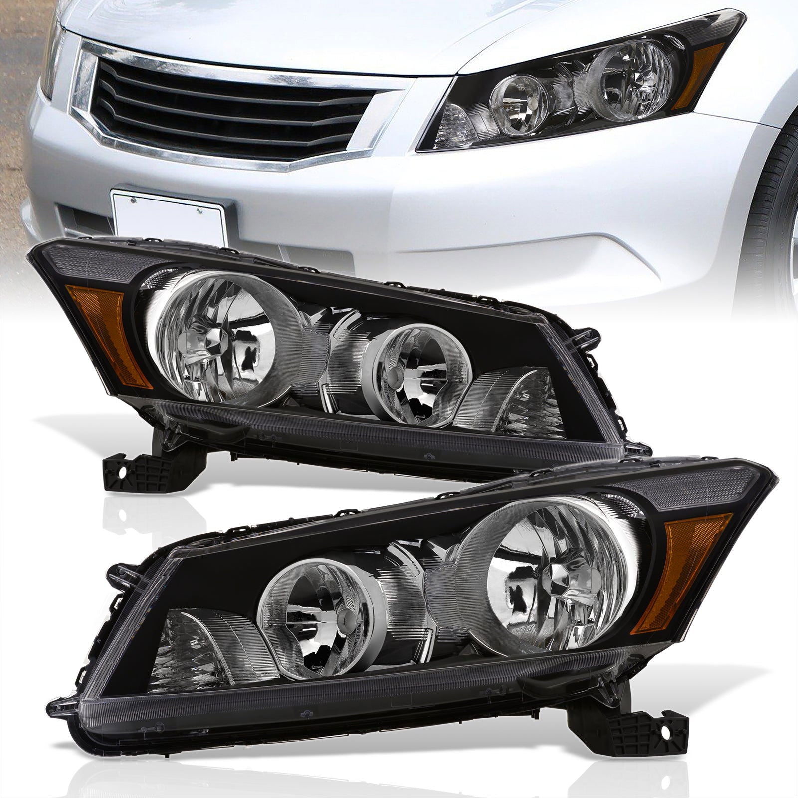 Honda Accord Sedan 2008-2012 Factory Style Headlights Black Housing Clear Len Amber Reflector - Parts Agent