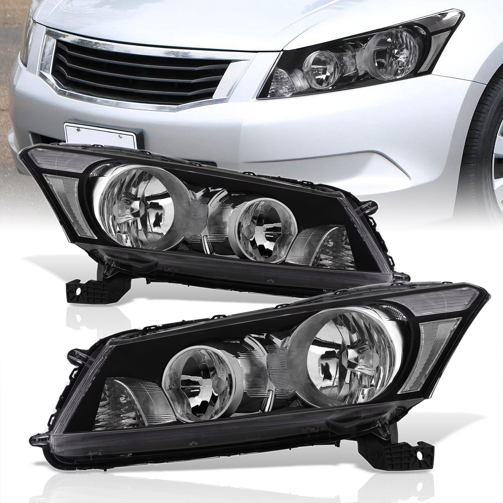 Honda Accord Sedan 2008-2012 Factory Style Headlights Black Housing Clear Len Clear Reflector - Parts Agent