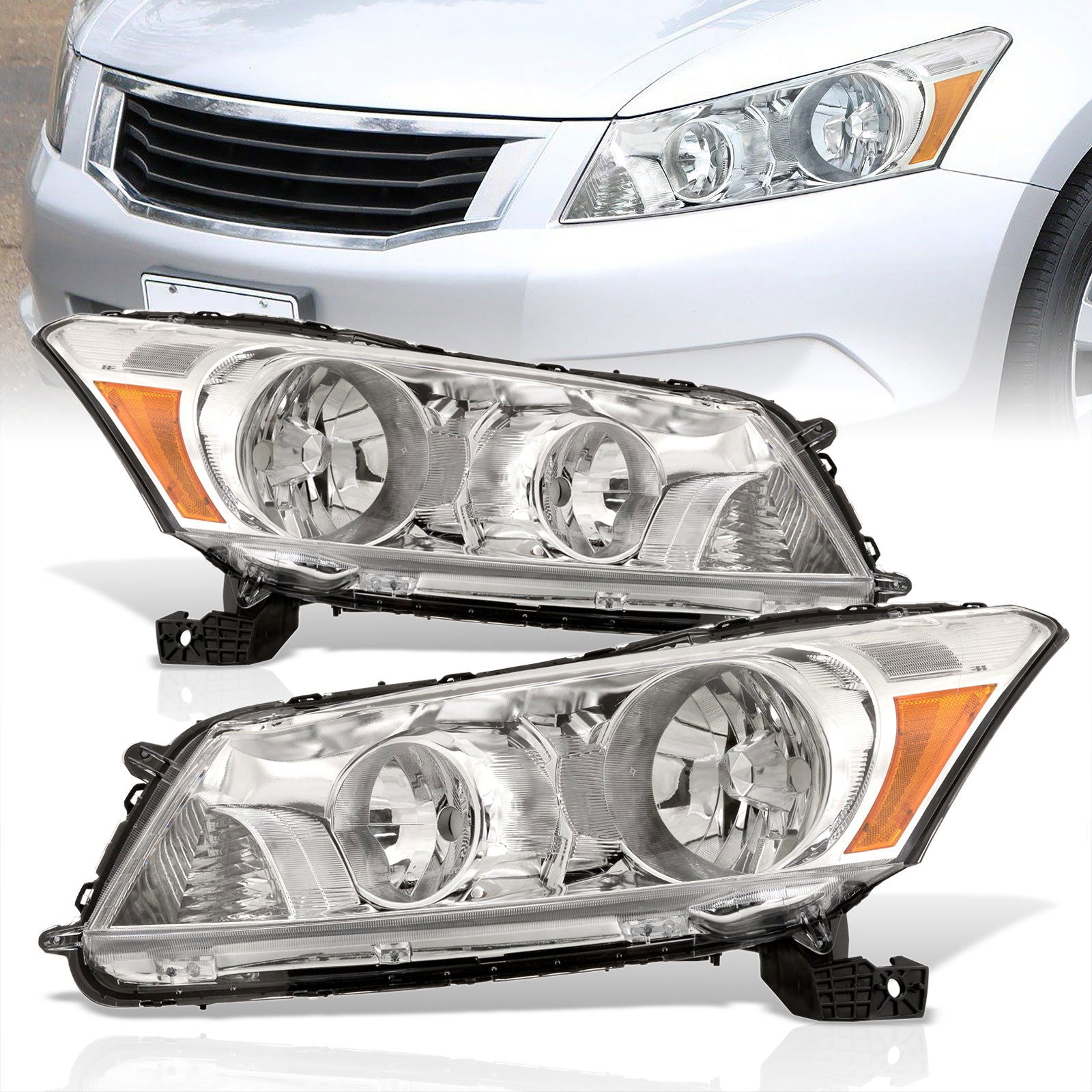 Honda Accord Sedan 2008-2012 Factory Style Headlights Chrome Housing Clear Len Amber Reflector - Parts Agent