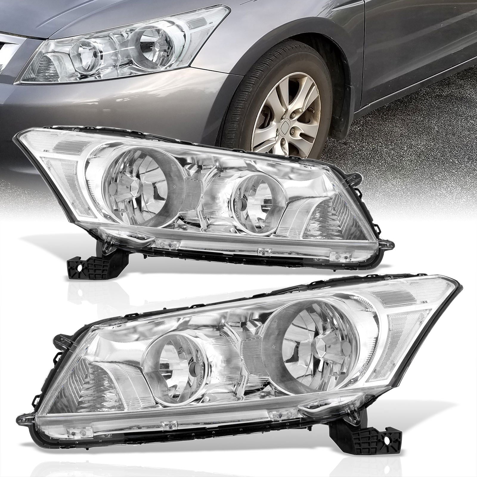 Honda Accord Sedan 2008-2012 Factory Style Headlights Chrome Housing Clear Len Clear Reflector - Parts Agent
