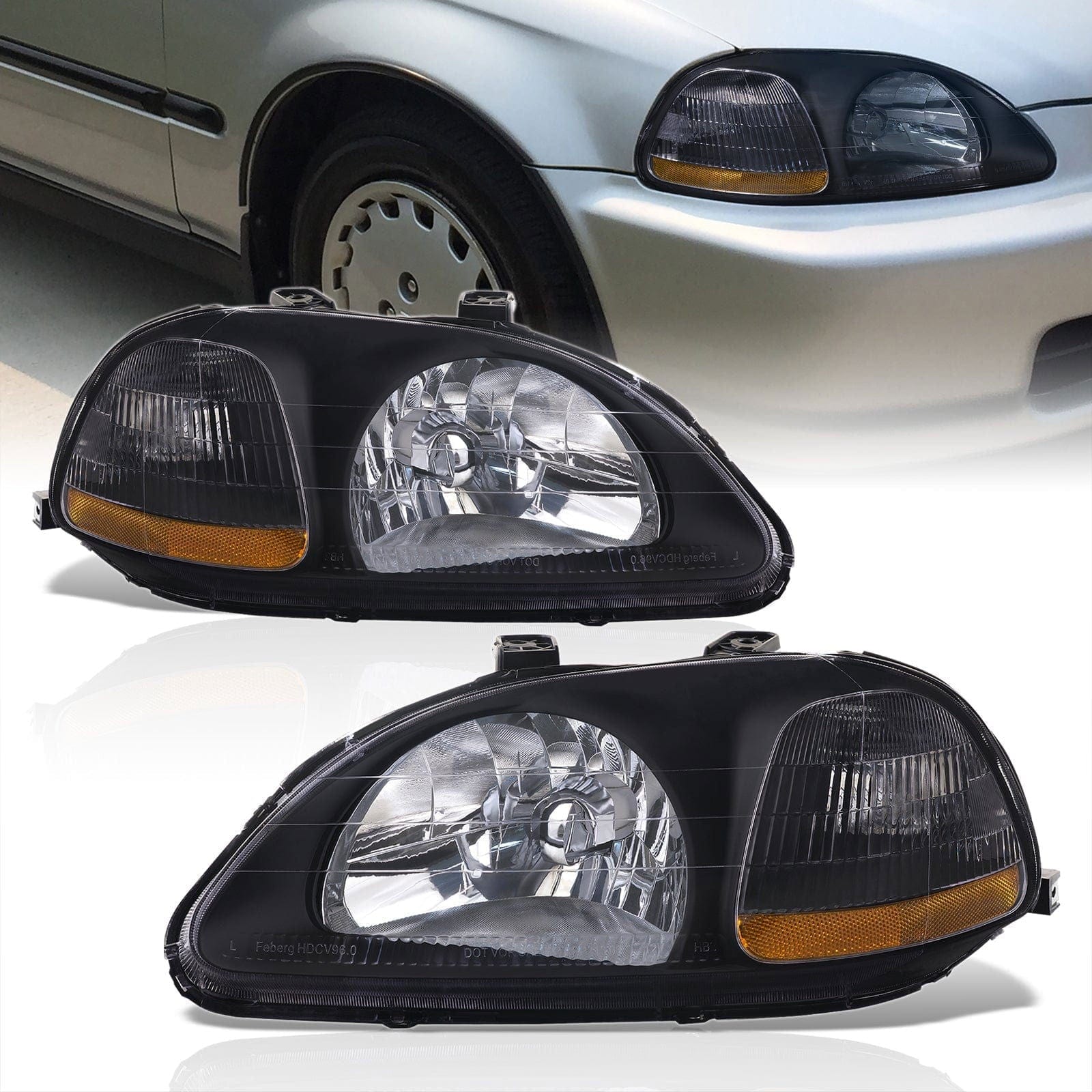 Honda Civic 1996-1998 Factory Style Headlights Black Housing Clear Len Amber Reflector - Parts Agent