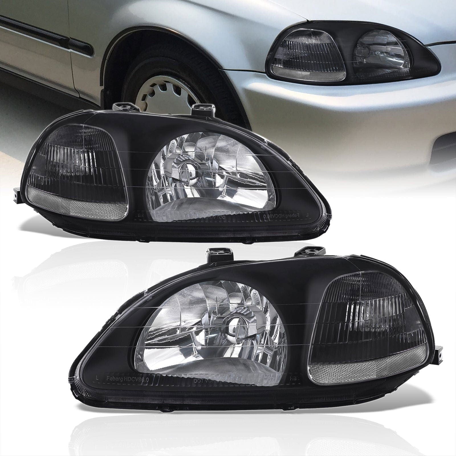 Honda Civic 1996-1998 Factory Style Headlights Black Housing Clear Len Clear Reflector - Parts Agent