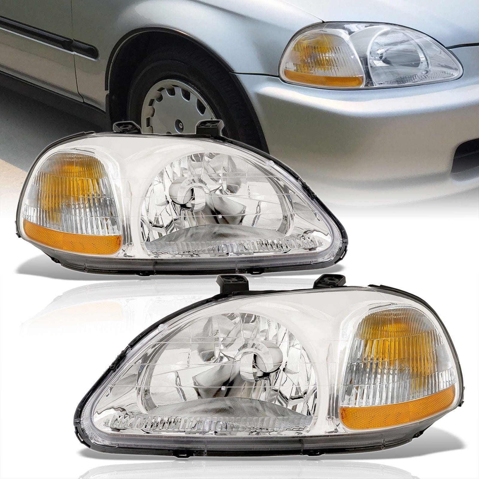 Honda Civic 1996-1998 Factory Style Headlights Chrome Housing Clear Len Amber Reflector - Parts Agent
